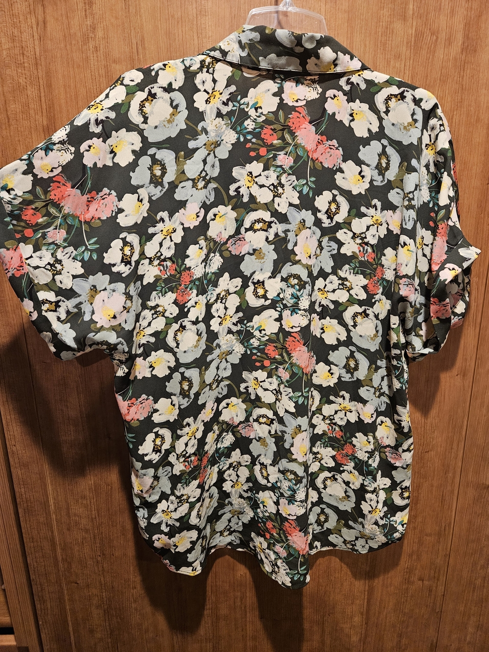 CAbi Olive Floral Short Sleeve With Coral & White Blooms. - Picture 4 of 4